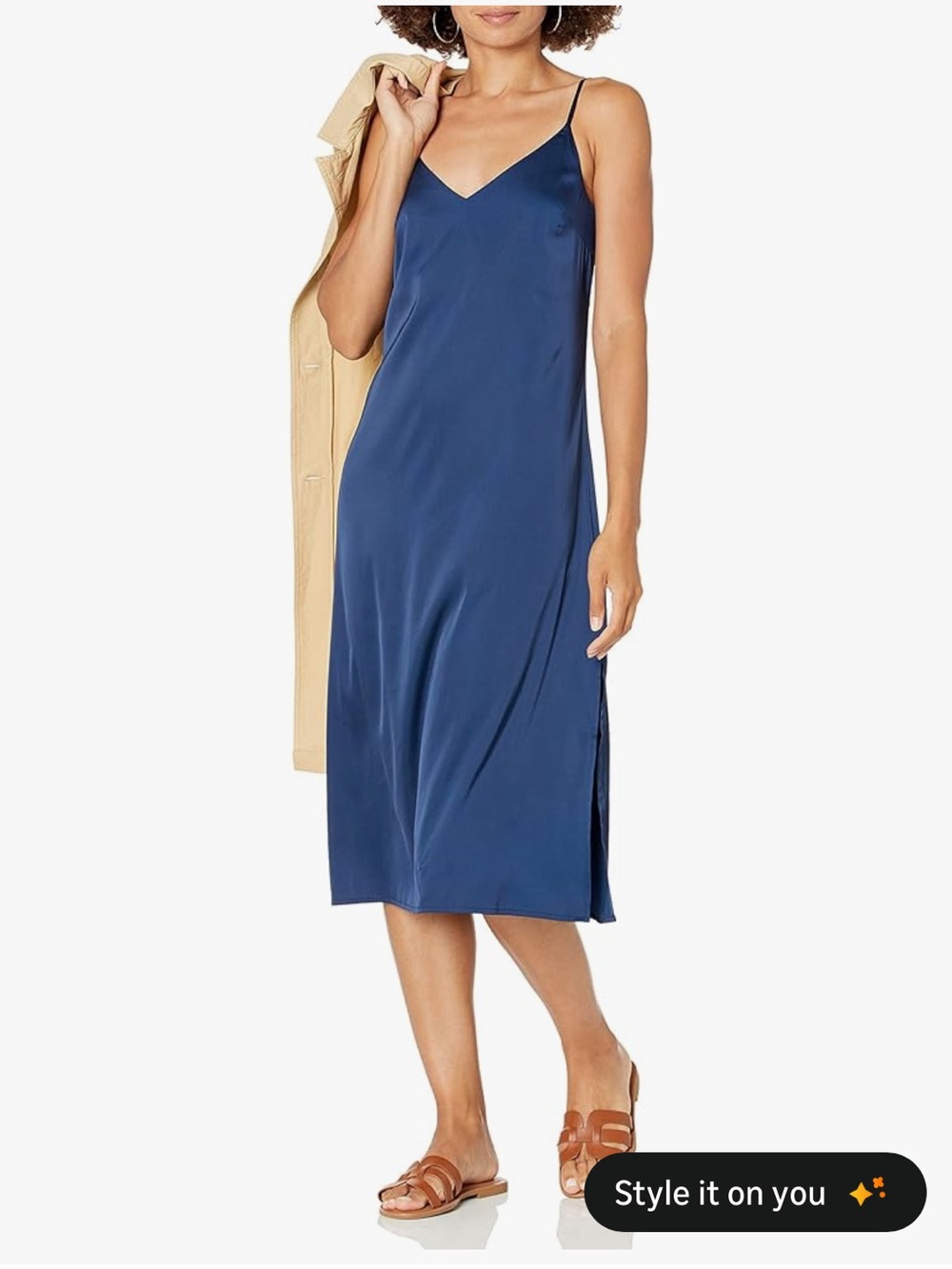 The Drop Satin V-Neck Cami Midi Dress in Navy
